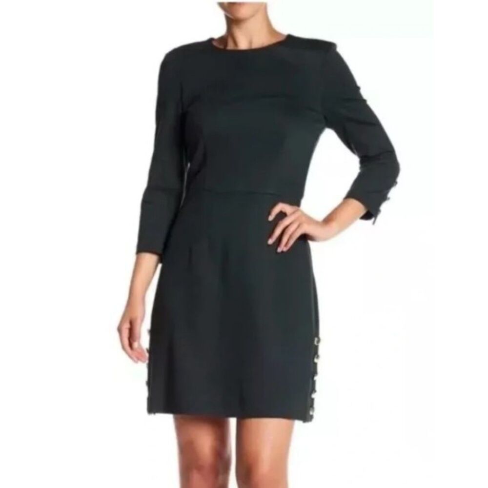 Trina Turk - Black Ponte Knit Fit & Flare Dress Gold Button Detail - Size 6